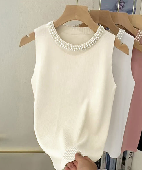 パール付きトップスノースリーブニット夏服 袖なしサマーニットレディース インナートップスきれいめ プルオーバーニットシンプルおしゃれ オフィスカジュアル トップス 2XIAOLL-001